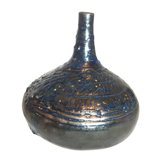 Bud Vase Blue Ceramic 7 X 5 Artisan Crafted Handmade Home Decor - Picture 1 of 9